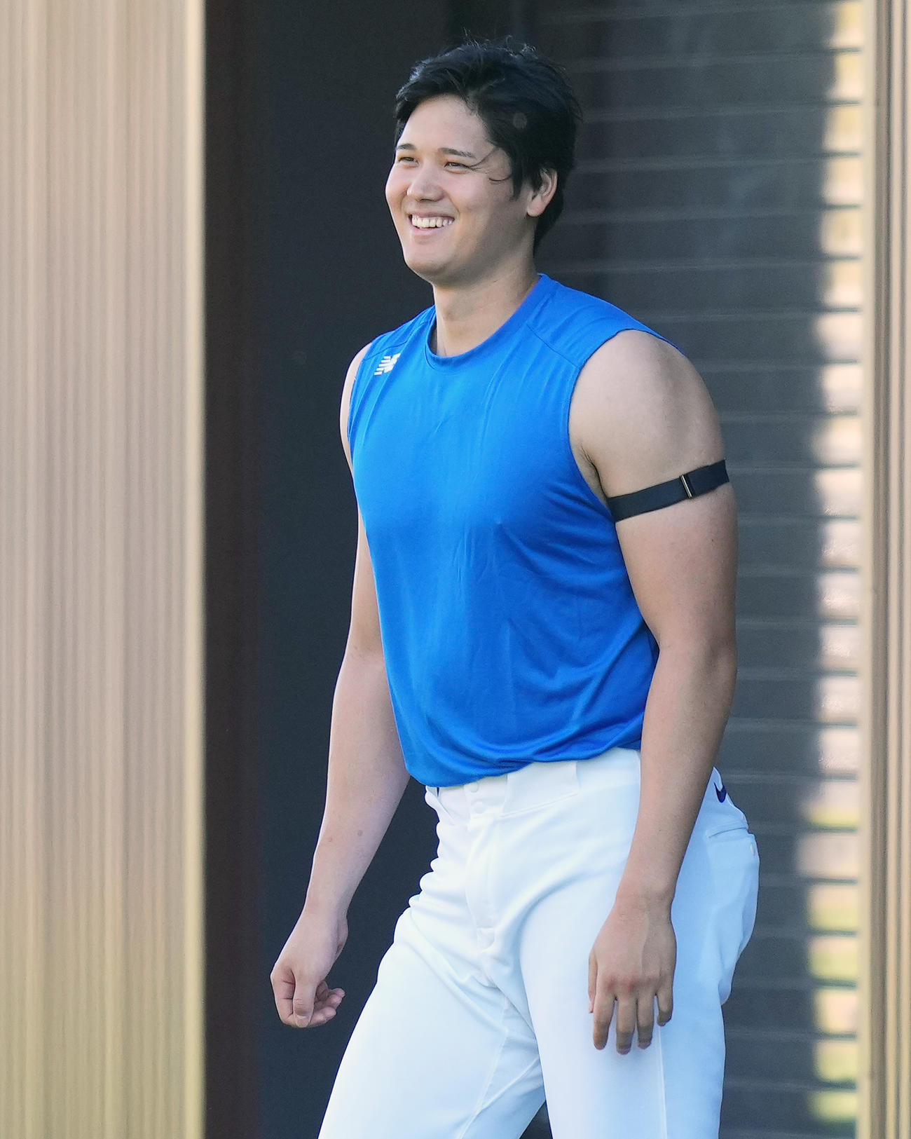 笑顔でトレニングをするドジャース大谷（撮影・菅敏）