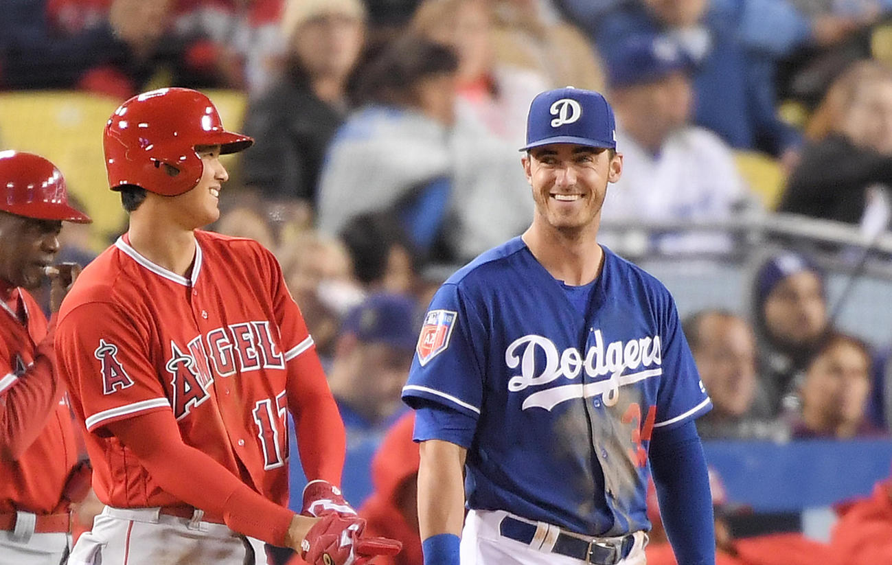 大谷翔平と談笑するドジャース時代のベリンジャー（2018年3月26日撮影）