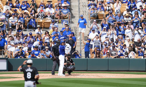 ドジャース対ホワイトソックス　1回裏ドジャース1死一塁、ファンのスタンディングオベーションを受けながら打席に入るドジャース大谷（撮影・菅敏）