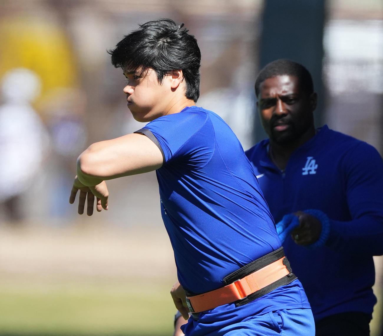 トレーニングをするドジャース大谷（撮影・菅敏）