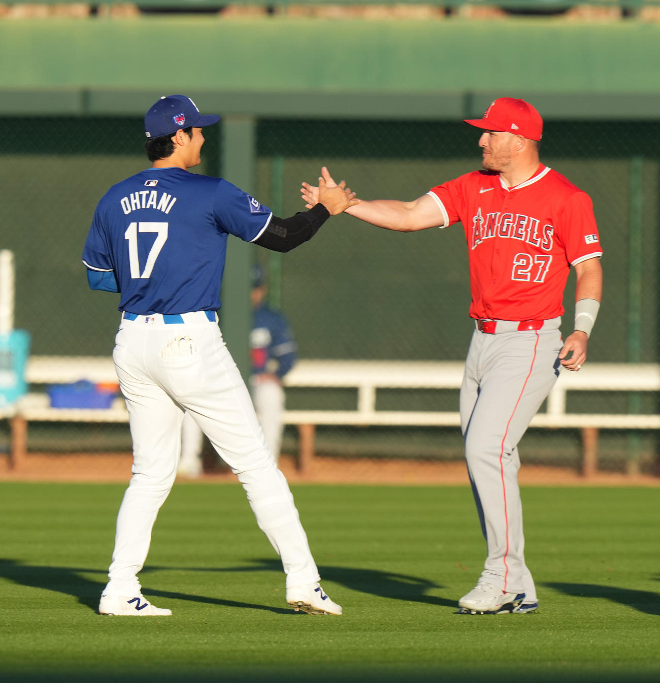 ドジャース対エンゼルス　試合前、エンゼルス・トラウト（右）と握手をするドジャース大谷（撮影・菅敏）
