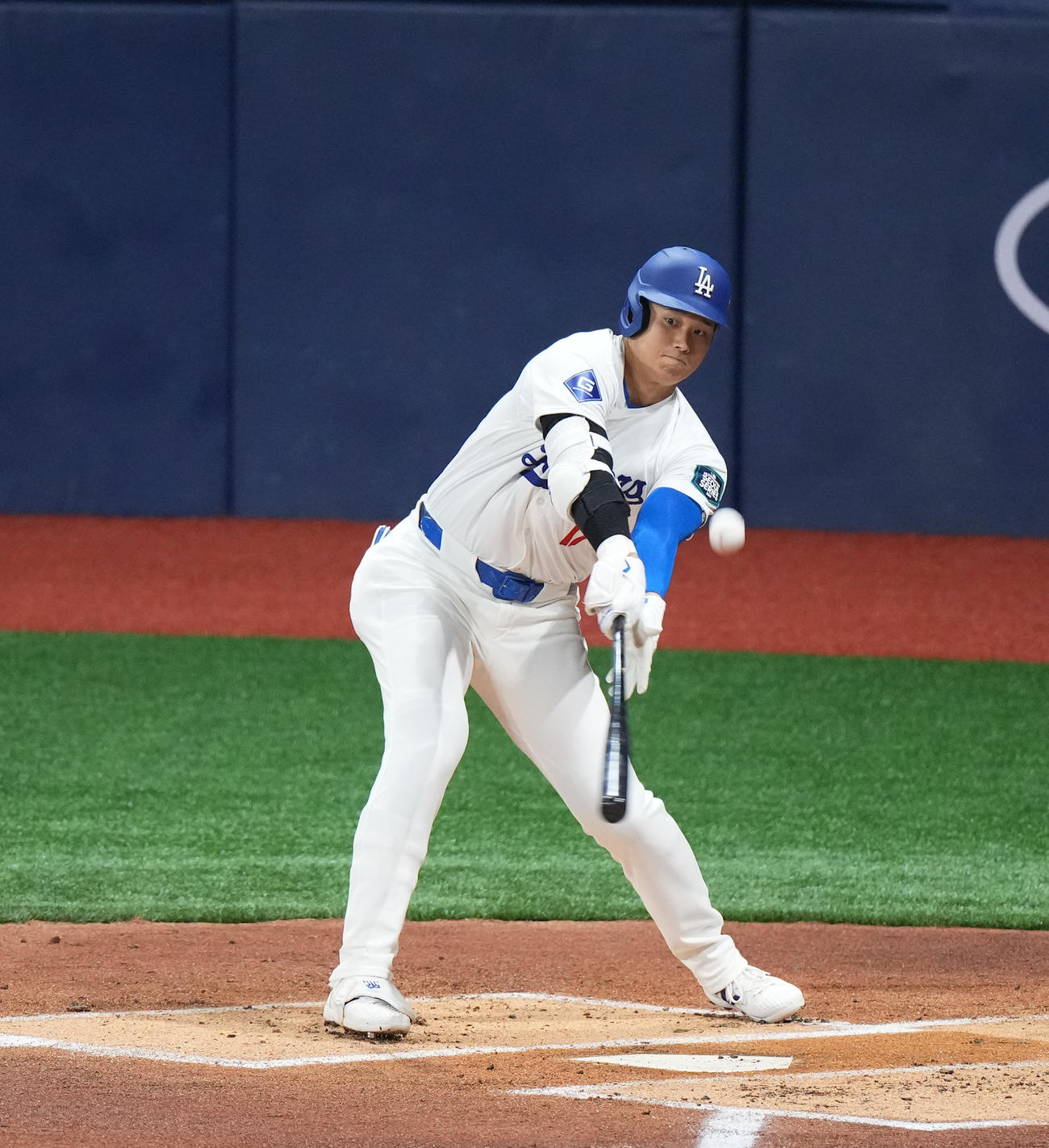ドジャース対韓国代表　1回裏ドジャース無死二塁、邪飛倒れる大谷（撮影・菅敏）