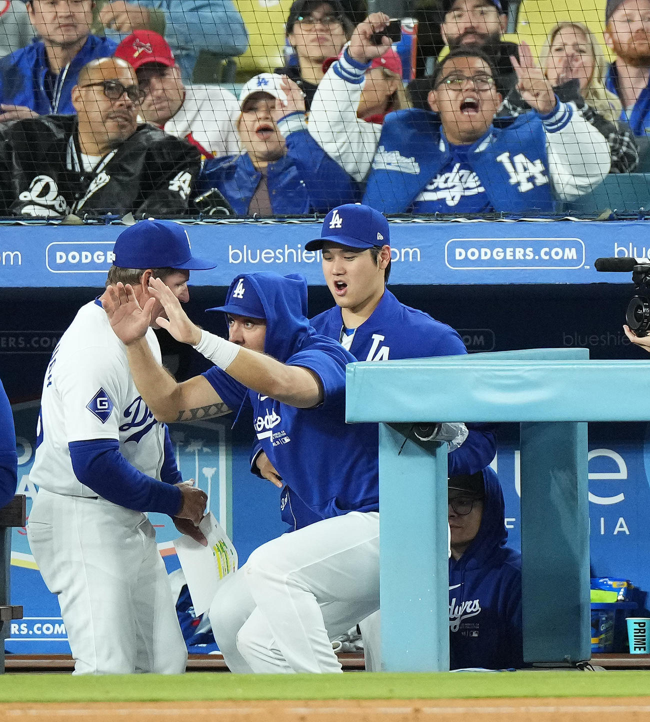 ドジャース対カージナルス　カージナルスに勝利し、ベンチからフィールドに飛び出すドジャース大谷（右）（撮影・菅敏）