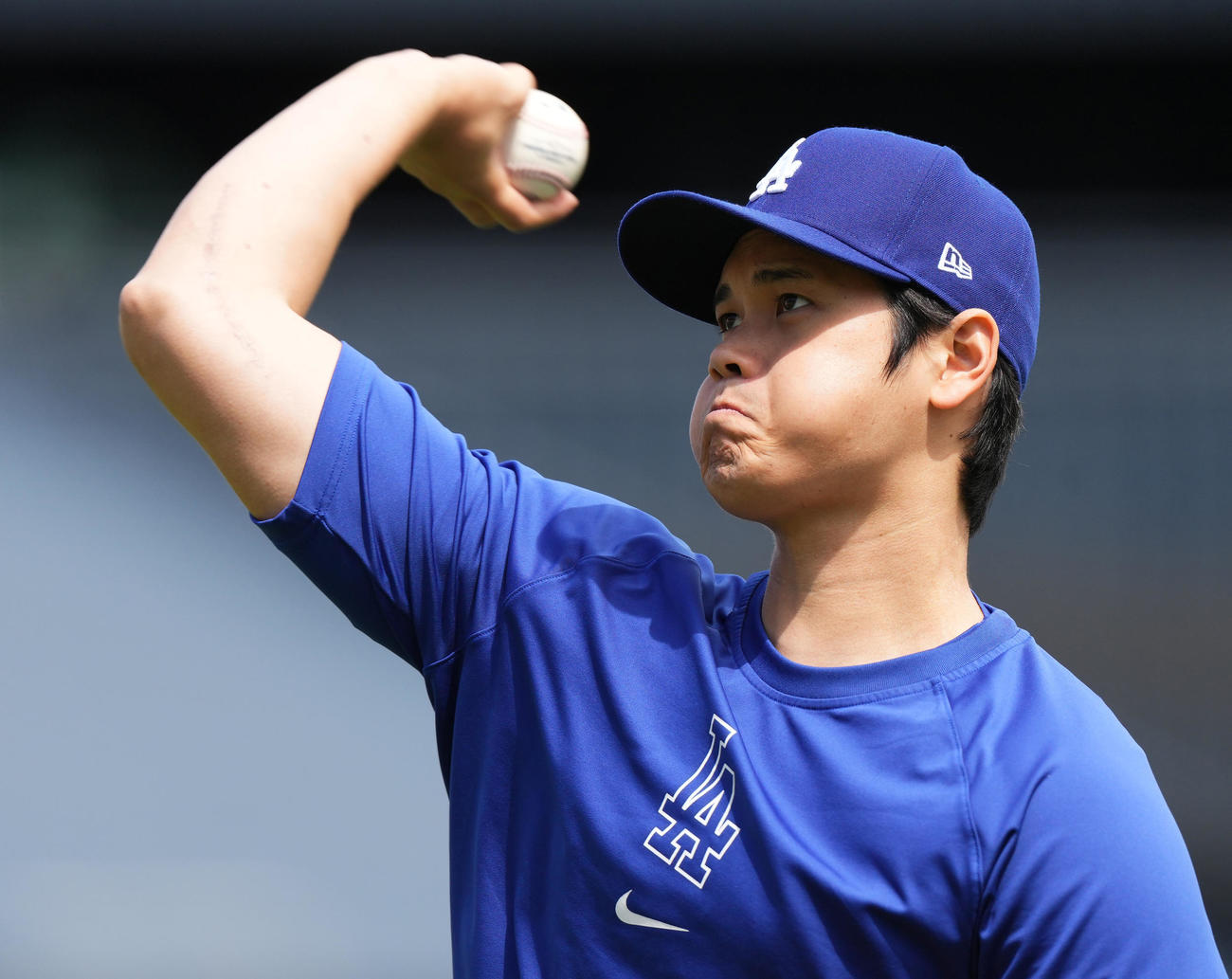 ドジャース対カージナルス　試合前、キャッチボールをするドジャース大谷（撮影・菅敏）