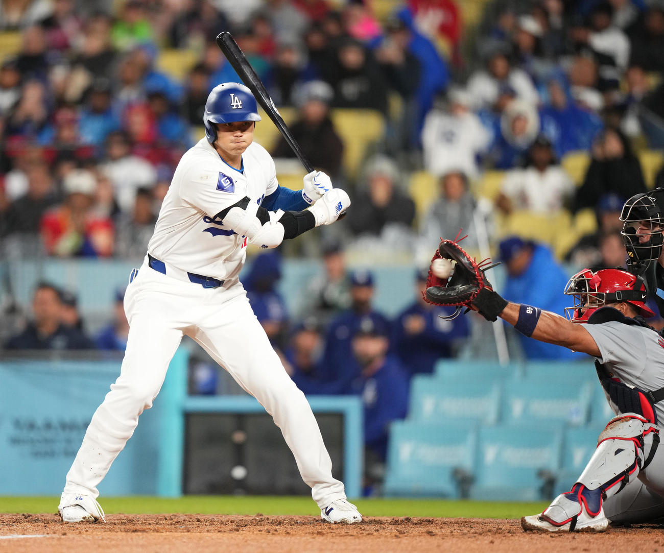 ドジャース対カージナルス　6回裏ドジャース1死一塁、四球を選ぶ大谷（撮影・菅敏）