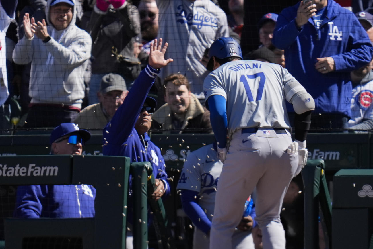 カブス対ドジャース　2号本塁打を放った大谷はひまわりの種をかけられ祝福される（AP）