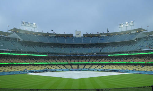 雨で内野をシートで覆い試合を待つドジャースタジアム（撮影・菅敏）