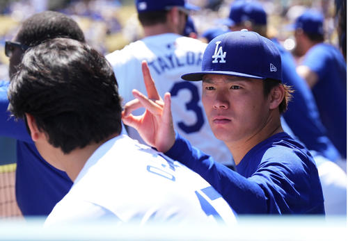 ドジャース対ナショナルズ　試合中、ベンチで大谷（手前）の頭に付着した何かを見つけ、取り除く山本（撮影・菅敏）