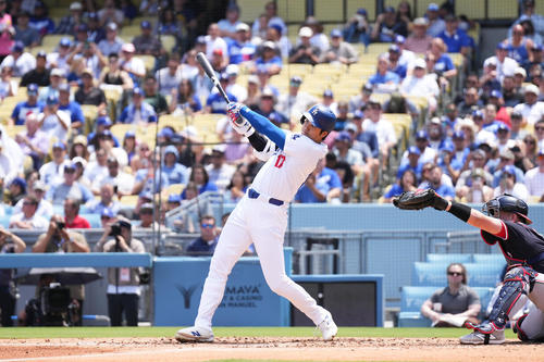 ドジャース対ナショナルズ　3回裏ドジャース1死、左飛に倒れる大谷（撮影・菅敏）