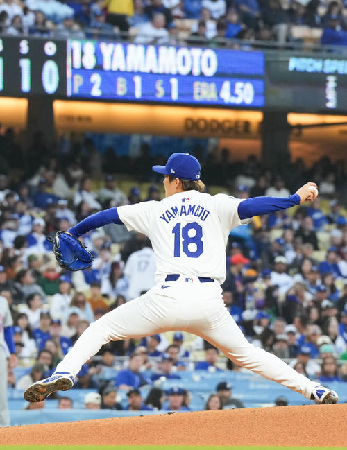 ドジャース対メッツ　ドジャース先発の山本（撮影・菅敏）