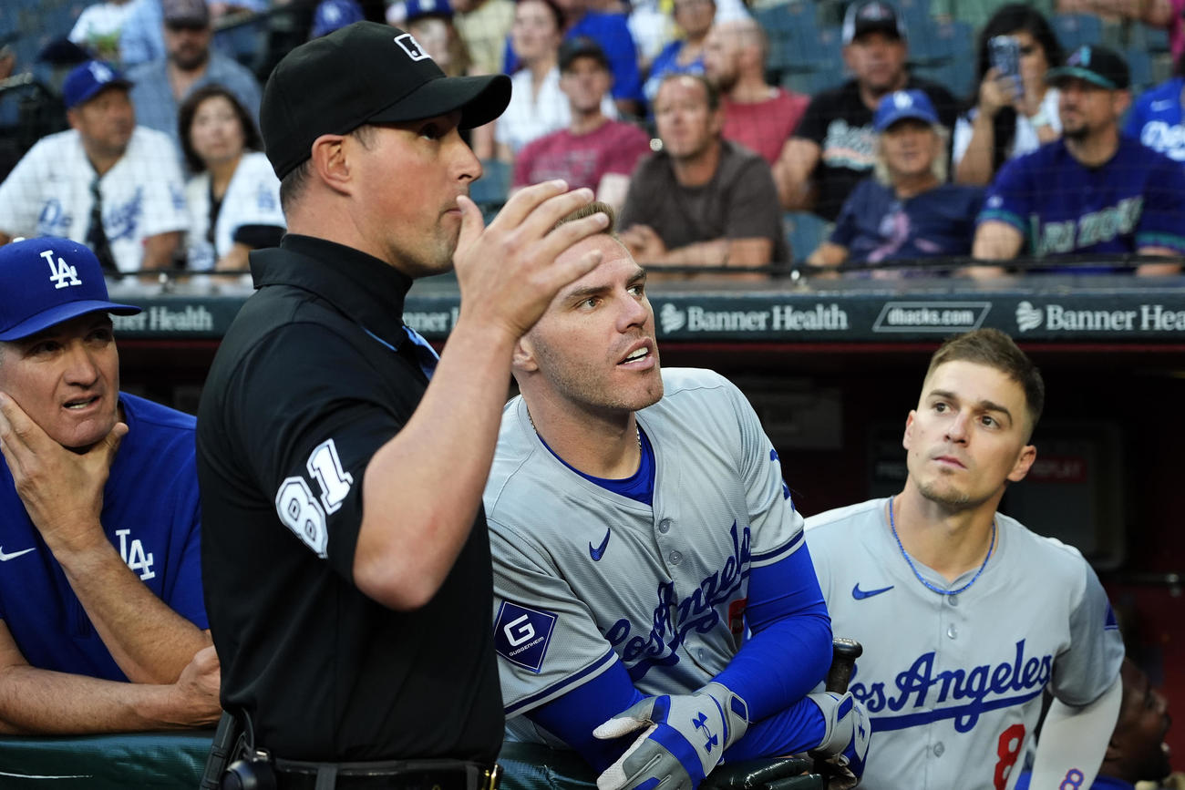 試合遅れについて審判の説明を聞くドジャースのフリーマンら（AP）