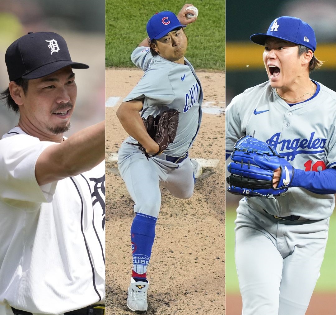 同日に勝利を挙げた左から、タイガース前田健太、カブス今永昇太（ともにAP）、ドジャース山本由伸（撮影・菅敏）