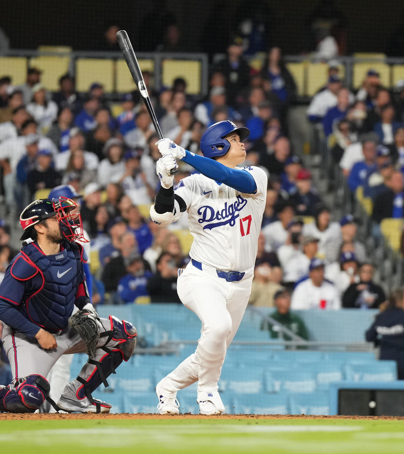 ドジャース対ブレーブス　6回裏ドジャース1死、左飛に倒れる大谷（撮影・菅敏）