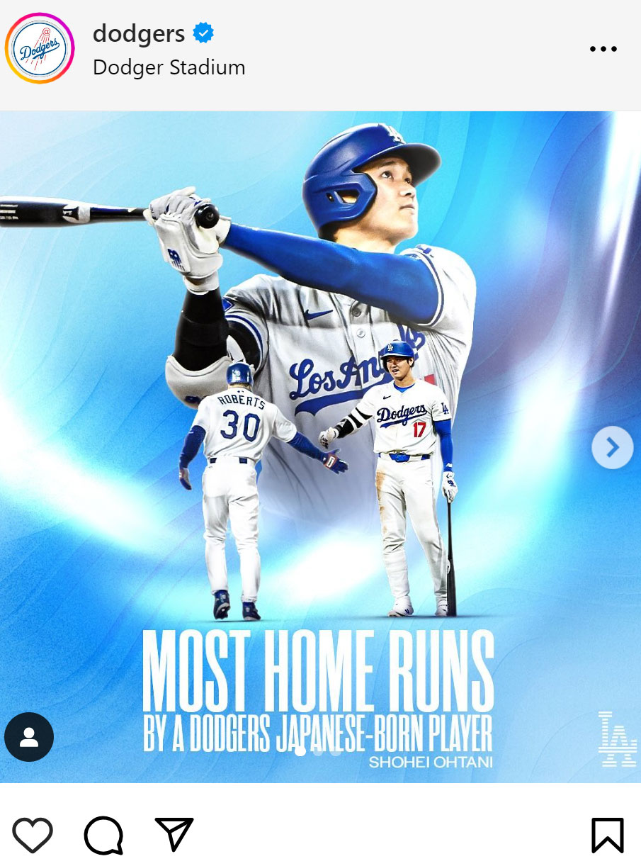 ドジャース公式インスタグラムも、ロバーツ監督を抜き日本生まれ選手の球団最多を更新した大谷翔平を称えた（球団公式インスタグラムから）