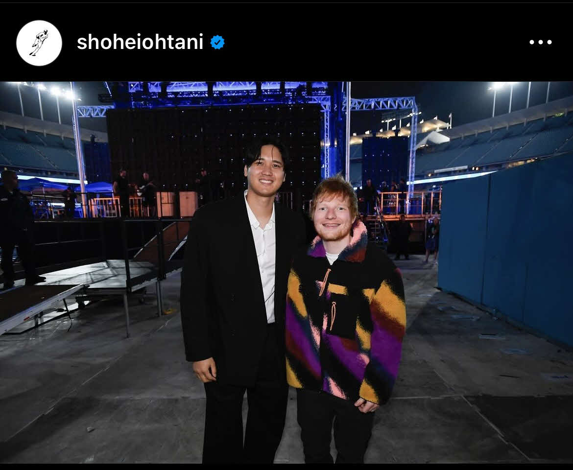 ドジャース大谷翔平が人気歌手エド・シーランとの2ショットを公開（大谷翔平インスタグラムから）