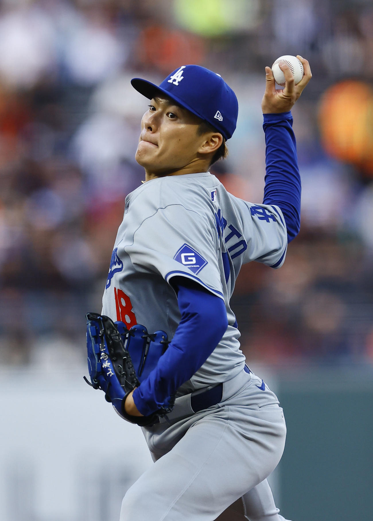 ジャイアンツ対ドジャース　ジャイアンツ戦に先発したドジャース山本（撮影・藤尾明華）