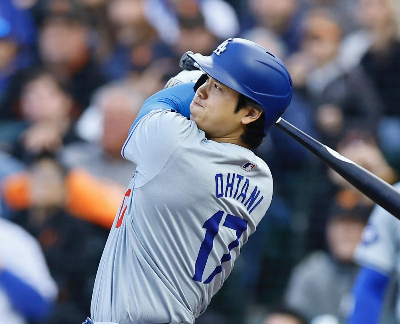 ジャイアンツ対ドジャース　4回表ドジャース無死、大谷は右越えに本塁打を放つ（撮影・藤尾明華）