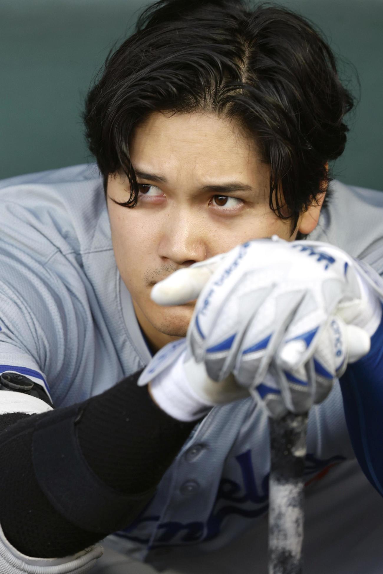 ジャイアンツ戦に臨む大谷翔平＝サンフランシスコ（共同）