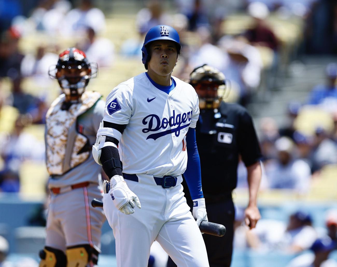 ドジャース対レッズ　1回裏ドジャース1死、空振り三振に倒れた大谷（撮影・藤尾明華）