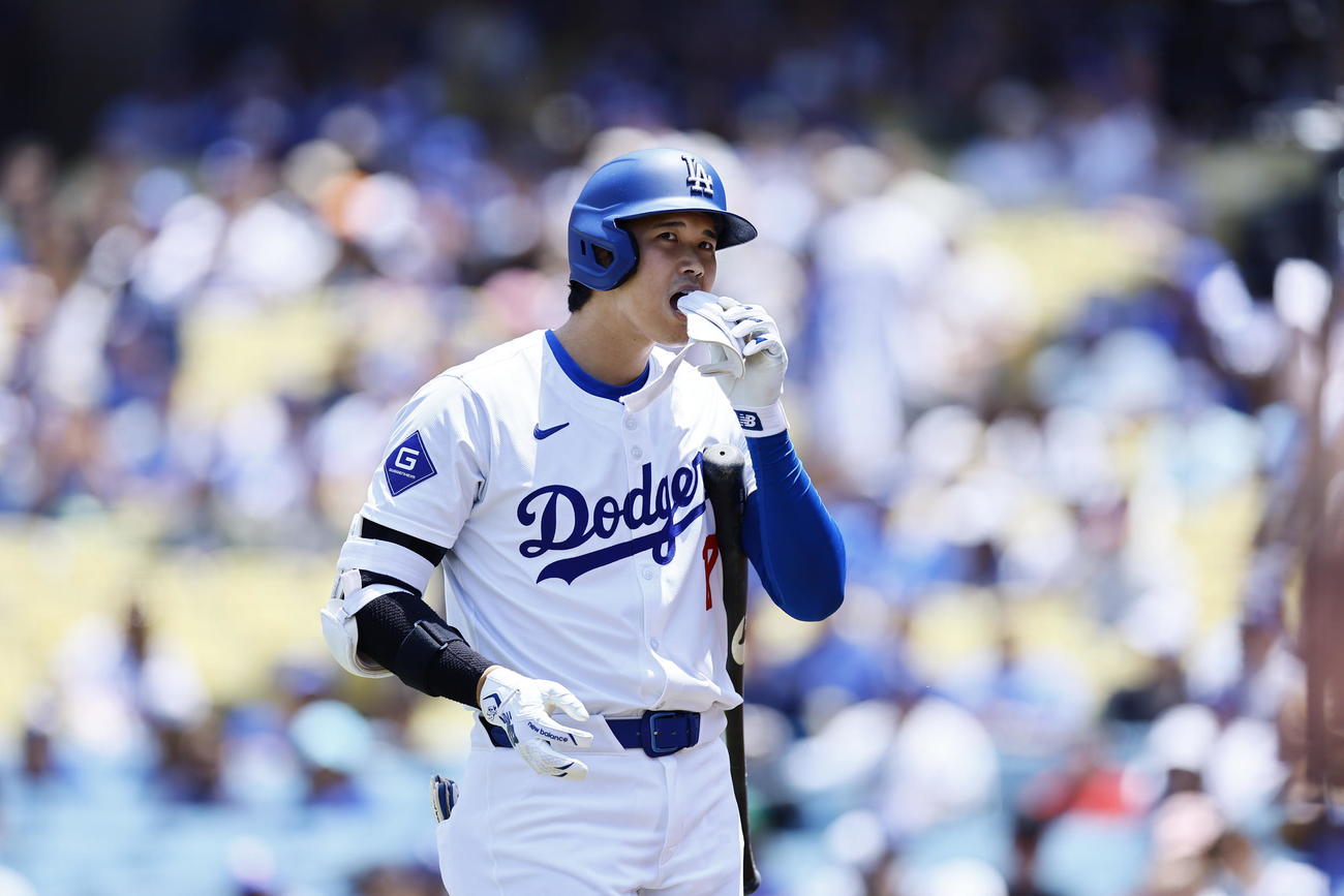 ドジャース対レッズ　1回裏ドジャース1死、空振り三振に倒れた大谷（撮影・藤尾明華）