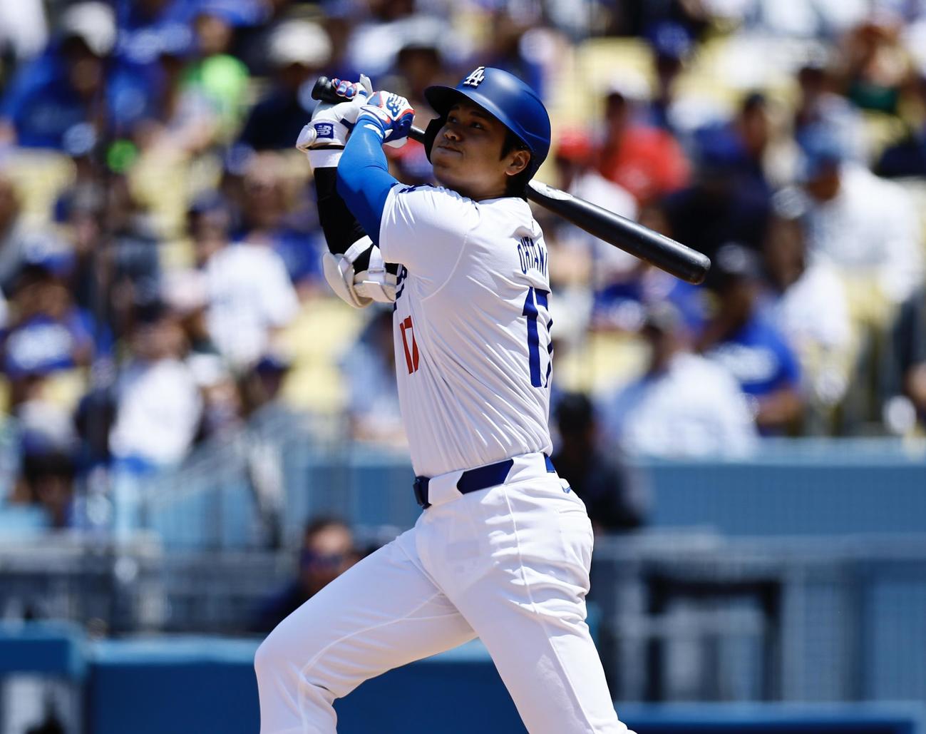 ドジャース対レッズ　3回裏ドジャース2死一塁、大谷翔平は左飛に倒れる（撮影・藤尾明華）