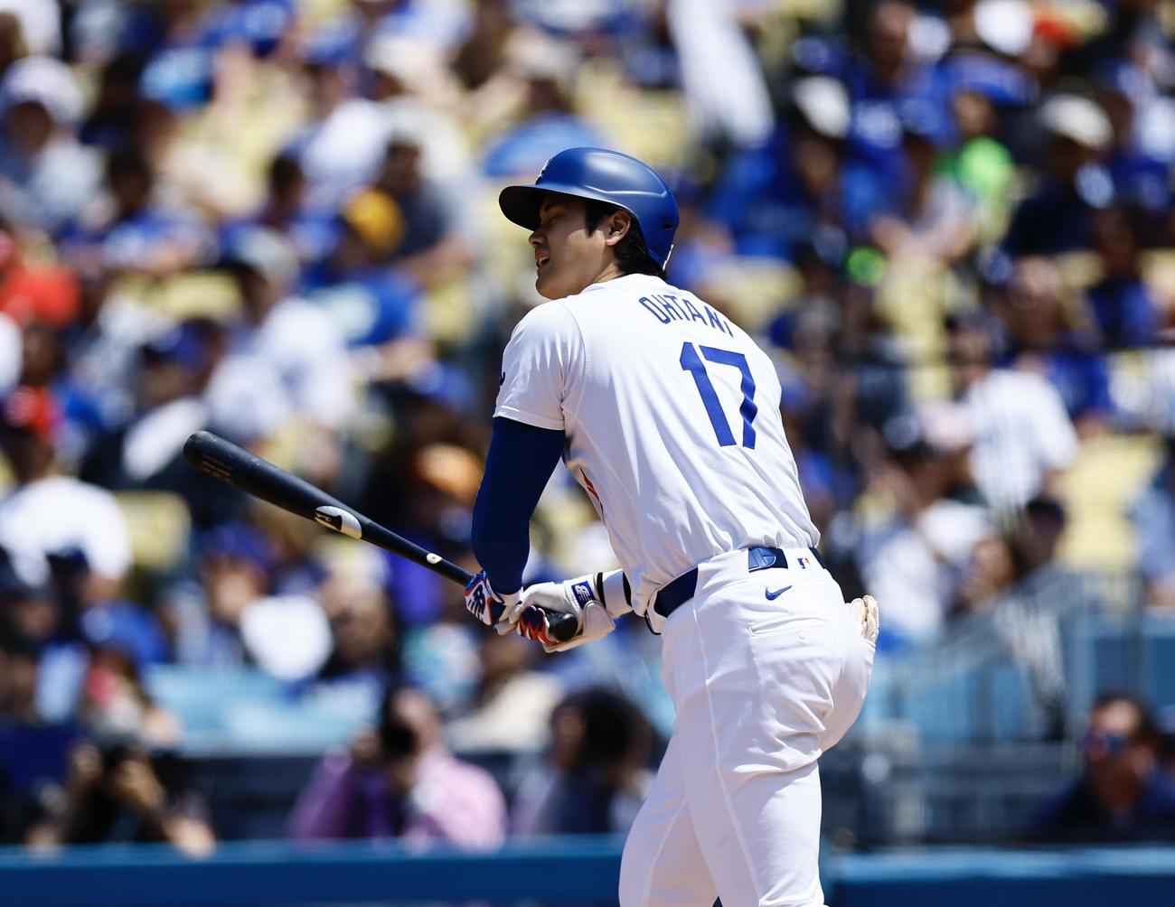 ドジャース対レッズ　3回裏ドジャース2死一塁、大谷翔平は左飛に倒れる（撮影・藤尾明華）