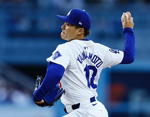 ドジャース対ダイヤモンドバックス　ドジャース先発の山本由伸（撮影・藤尾明華）