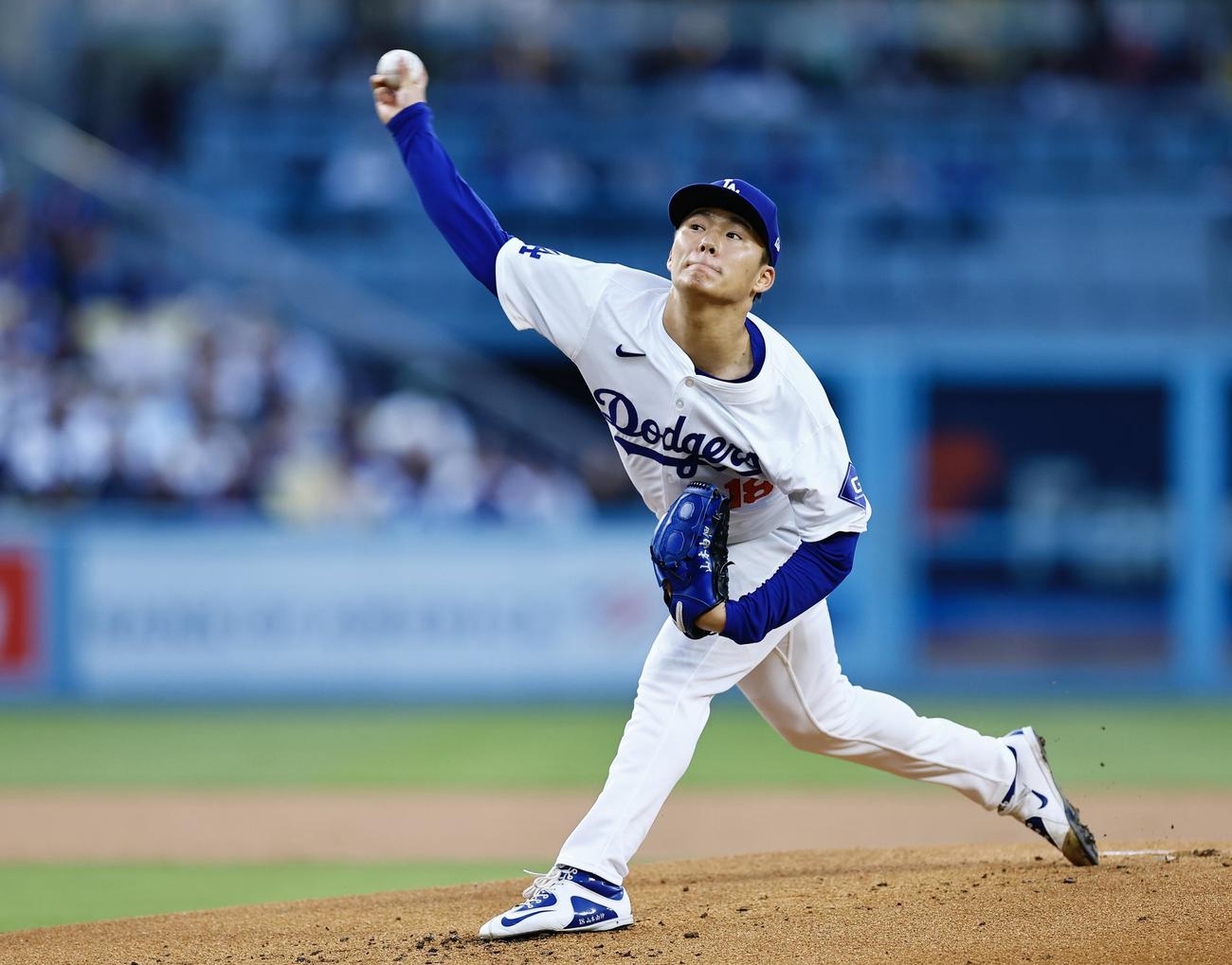 ドジャース対ダイヤモンドバックス　ドジャース先発の山本（撮影・藤尾明華）