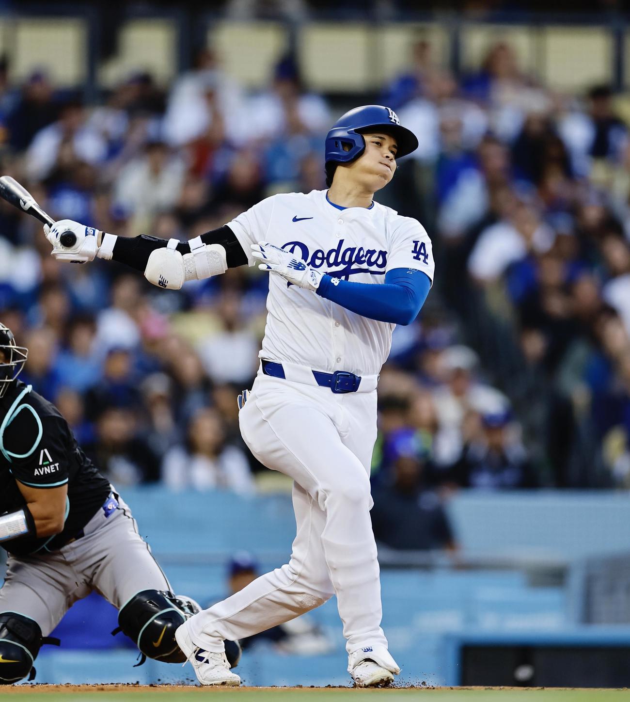 ドジャース対ダイヤモンドバックス　1回裏ドジャース無死一塁、大谷翔平は空振り三振に倒れる（撮影・藤尾明華）