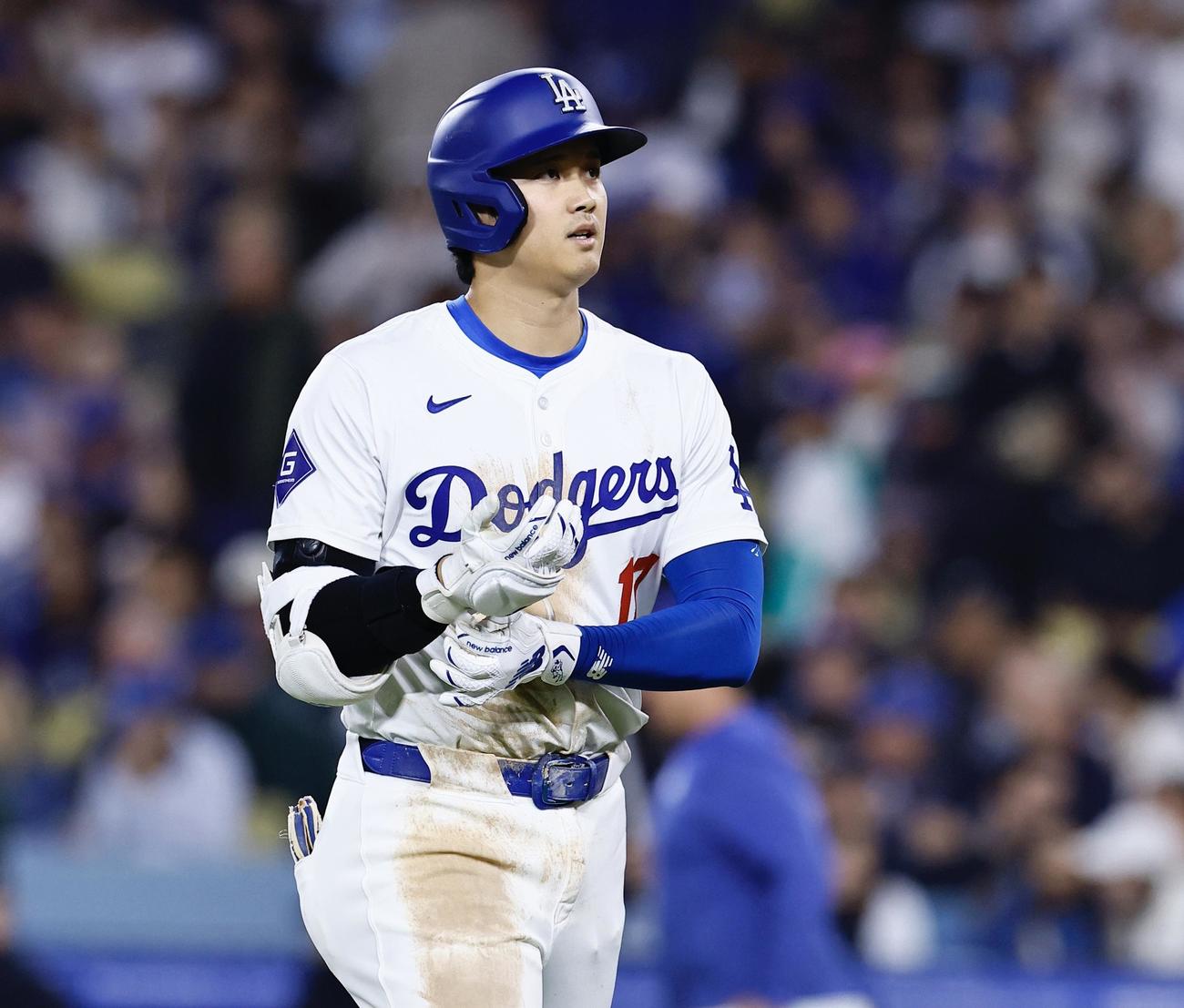 ドジャース対ダイヤモンドバックス　7回裏ドジャース2死、一ゴロに倒れる大谷翔平（撮影・藤尾明華）