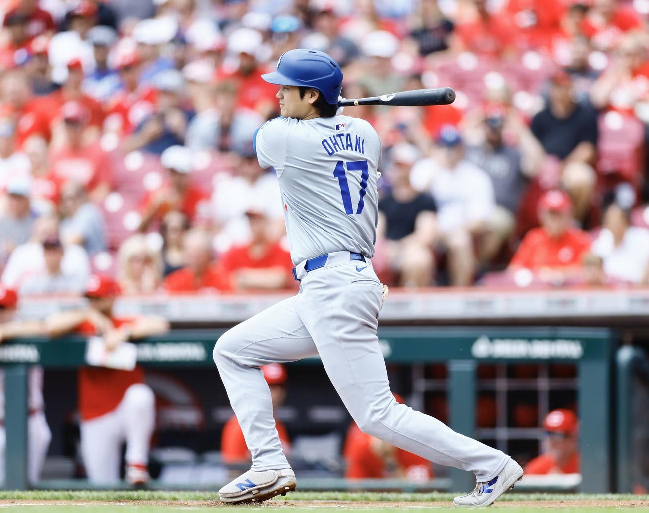 レッズ対ドジャース　1回表ドジャース無死一塁、一ゴロに倒れる大谷（撮影・藤尾明華）