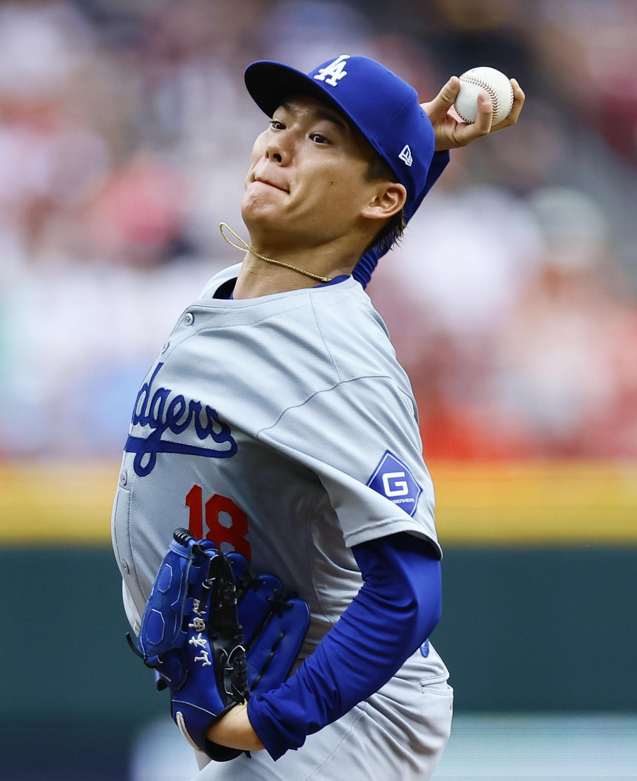 レッズ対ドジャース　先発のドジャース山本（撮影・藤尾明華）