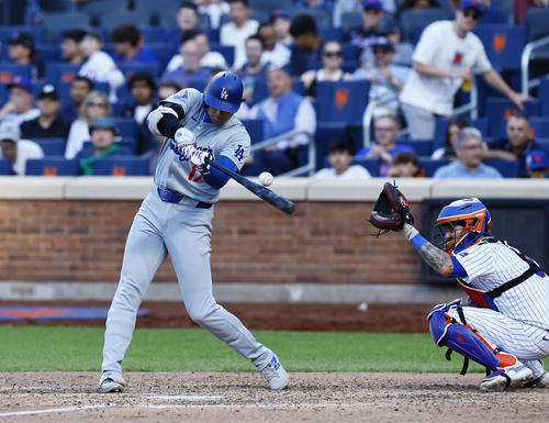 メッツ対ドジャース　10回表ドジャース無死一塁、空振り三振に倒れる大谷（撮影・藤尾明華）