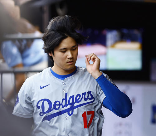 メッツ対ドジャース 3回表ドジャース1死、二ゴロに倒れた大谷(撮影・藤尾明華)