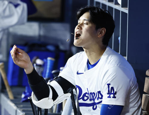 ドジャース対ロッキーズ　8回、ベンチでひまわりの種をほお張るドジャース大谷（撮影・藤尾明華）