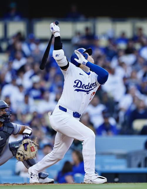 ドジャース対ロッキーズ　1回裏ドジャース1死、大谷は左飛に倒れる（撮影・藤尾明華）