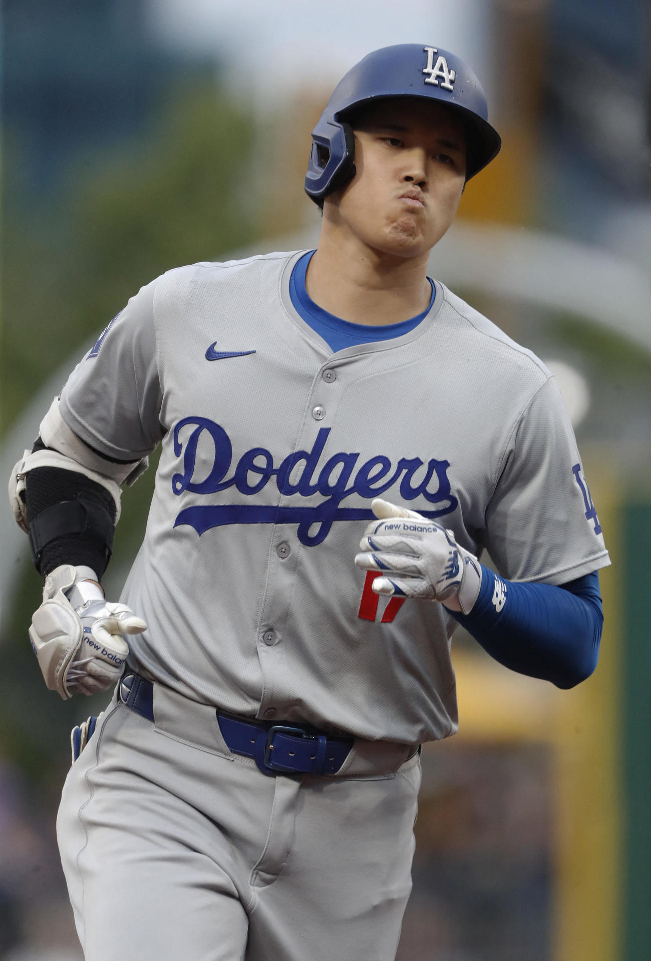 パイレーツ対ドジャース　3回表ドジャース2死一塁、本塁打を放った大谷（USA TODAY Sports＝ロイター）