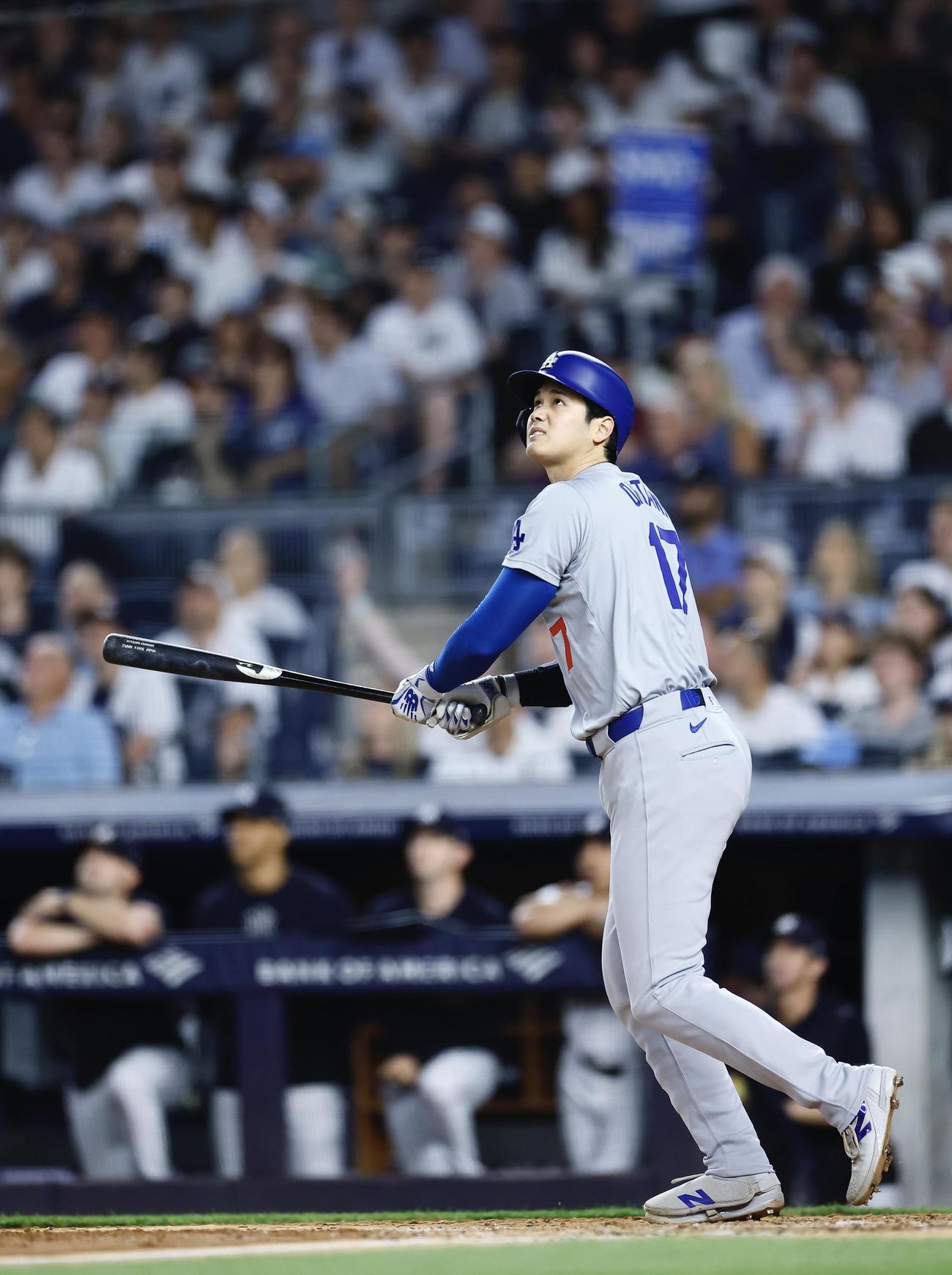 ヤンキース対ドジャース　8回表ドジャース無死、左飛に倒れる大谷（撮影・藤尾明華）
