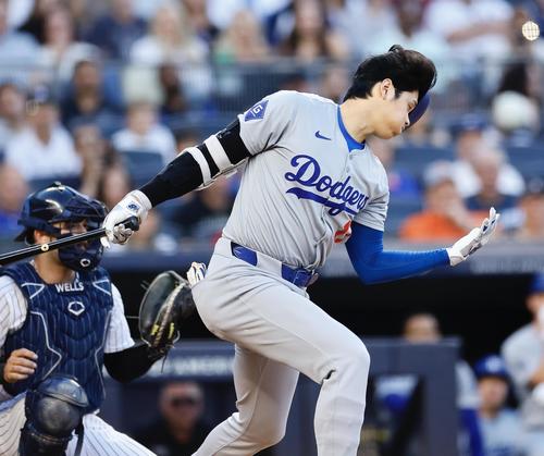 ヤンキース対ドジャース　1回表ドジャース1死、大谷翔平は空振り三振に倒れる（撮影・藤尾明華）