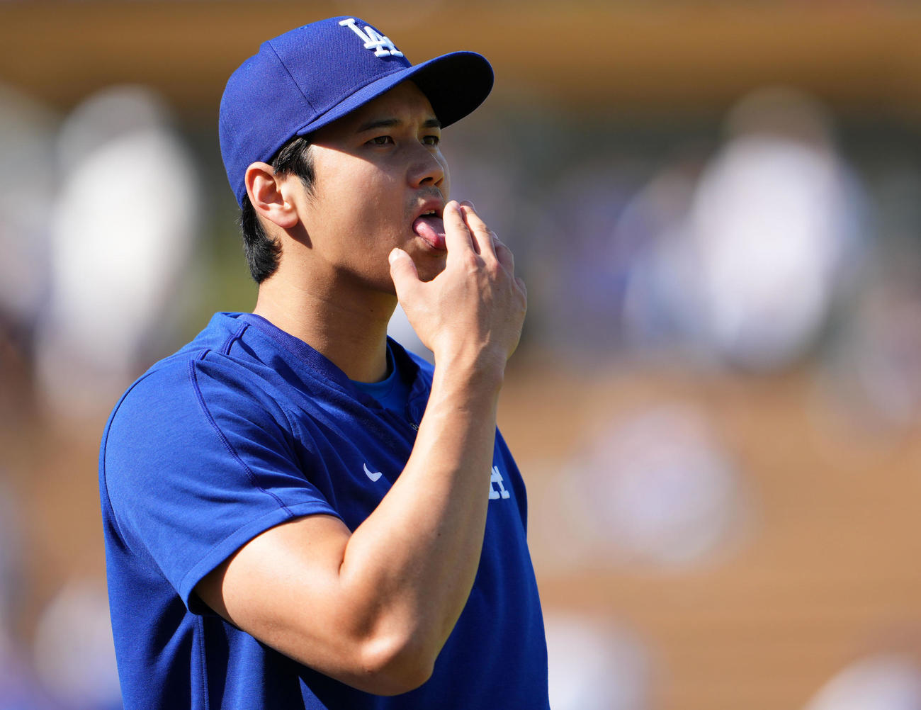 ドジャース対レンジャーズ　キャッチボールをするドジャース大谷（撮影・横山健太）