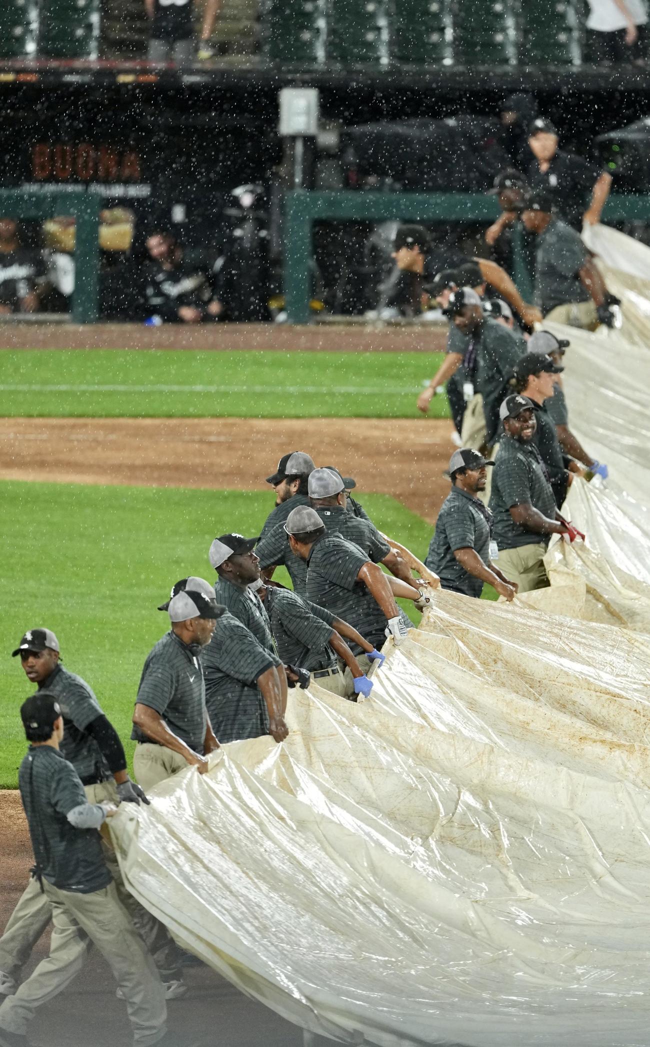 ホワイトソックス対ドジャース　7回表ドジャース2死一、二塁、降雨中断でグラウンドにはシートが敷かれる＝2024年6月24日（撮影・横山健太）
