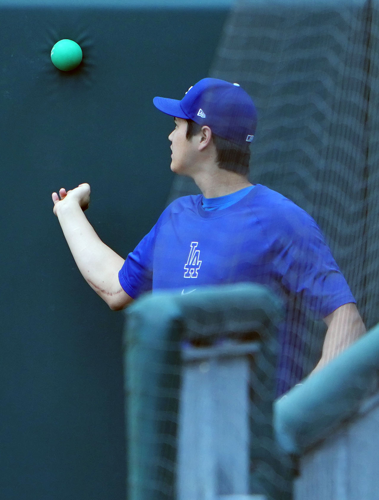 ホワイトソックス対ドジャース　プライオボールを使ってトレーニングするドジャース大谷（撮影・横山健太）