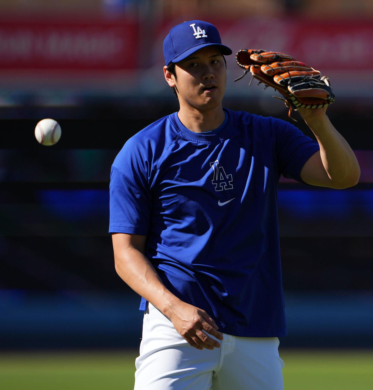 ドジャース対ダイヤモンドバックス　ボールを取り損ねるドジャース大谷（撮影・横山健太）