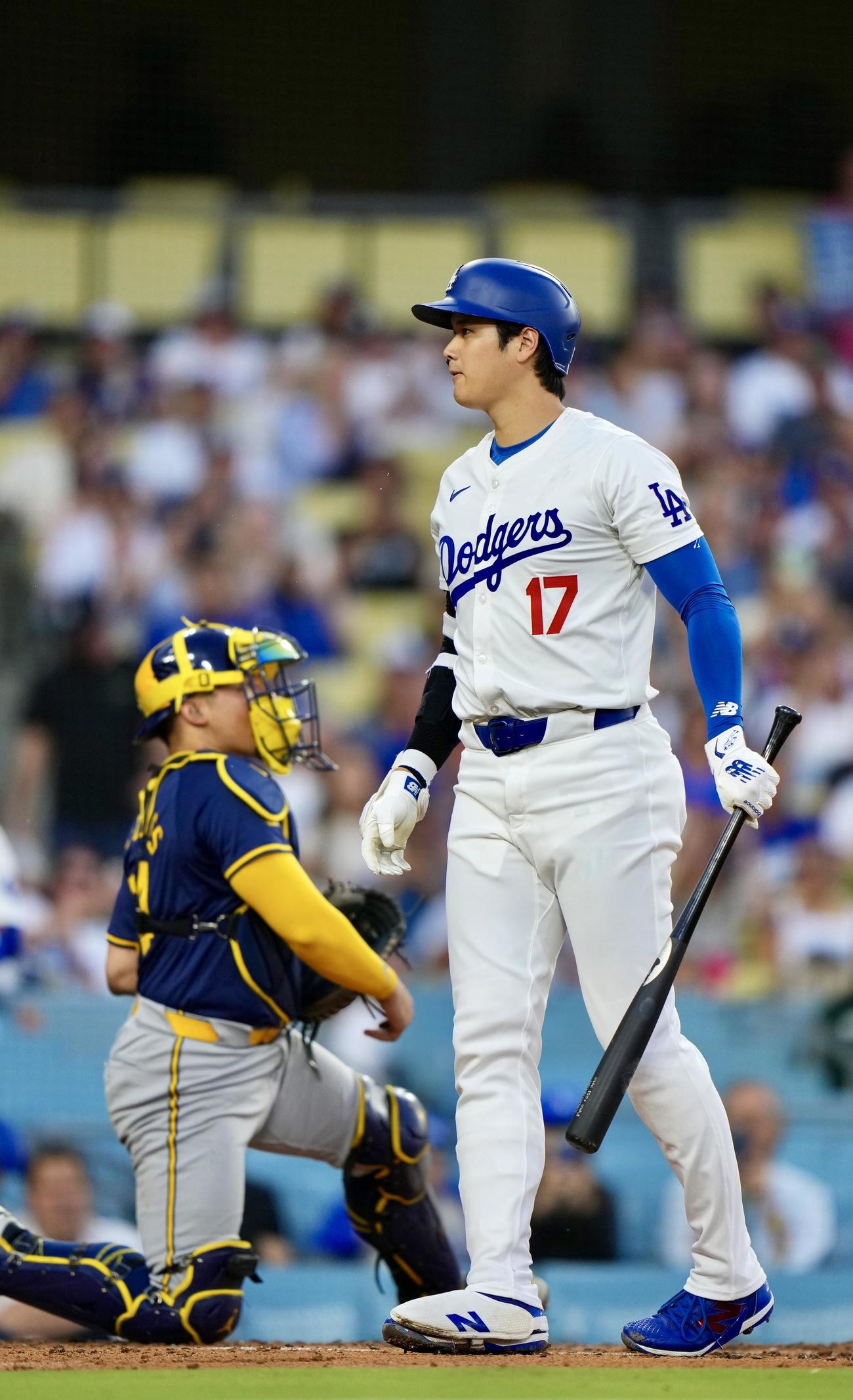 ドジャース対ブルワーズ　3回裏ドジャース無死、見逃し三振に倒れる大谷（撮影・横山健太）