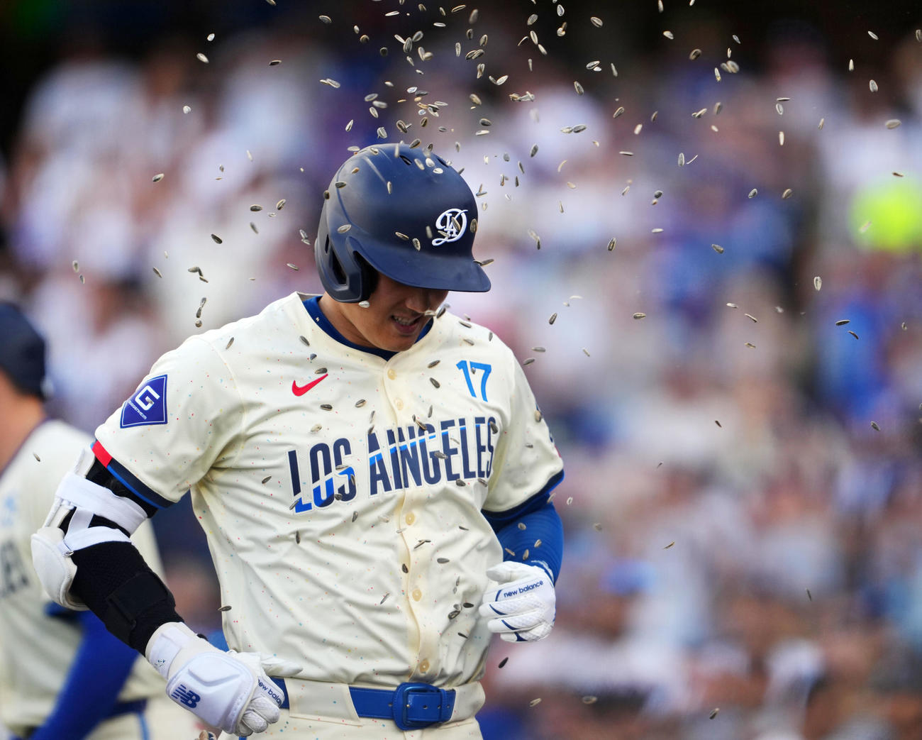 ドジャース対ブルワーズ　8回裏ドジャース1死、右中間へ本塁打を放ちひまわりシャワーを浴びる大谷（撮影・横山健太）
