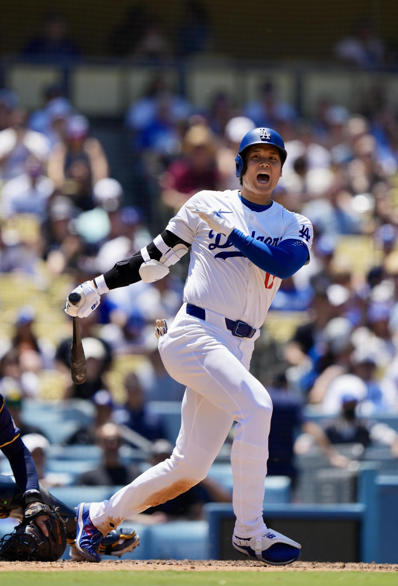 ドジャース対ブルワーズ　4回裏ドジャース2死一、二塁、打球を一塁ベンチに打ち込んでしまい心配する大谷（撮影・横山健太）