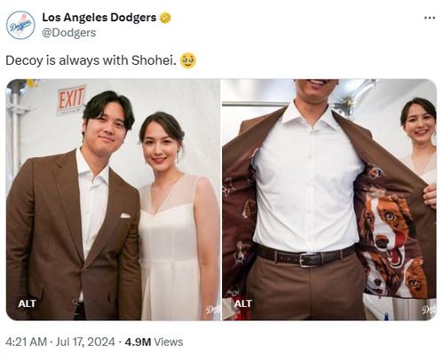 大谷翔平 MLB ドジャース 記念セット ボール＆カード 　真美子＆デコピン他 大谷さんだぞ”ジャケット広げた裏地の向こうで真美子夫人がニコッ 球団