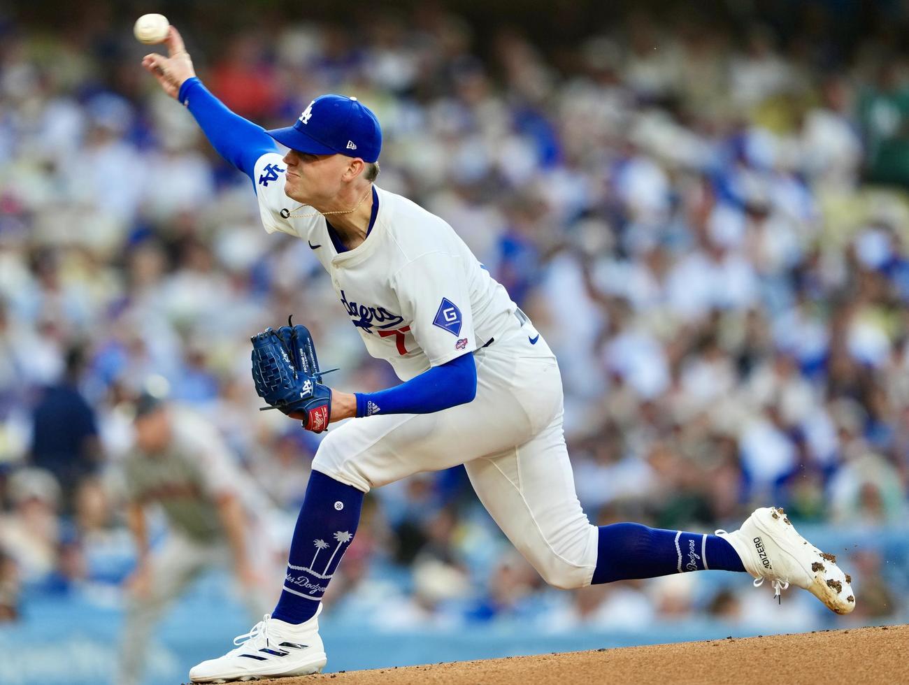 ドジャース対ジャイアンツ　力投するドジャース先発のリバー・ライアン（撮影・横山健太）