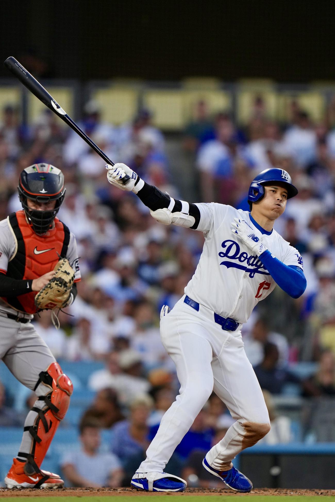 ドジャース対ジャイアンツ　3回裏ドジャース1死、三振に倒れる大谷（撮影・横山健太）