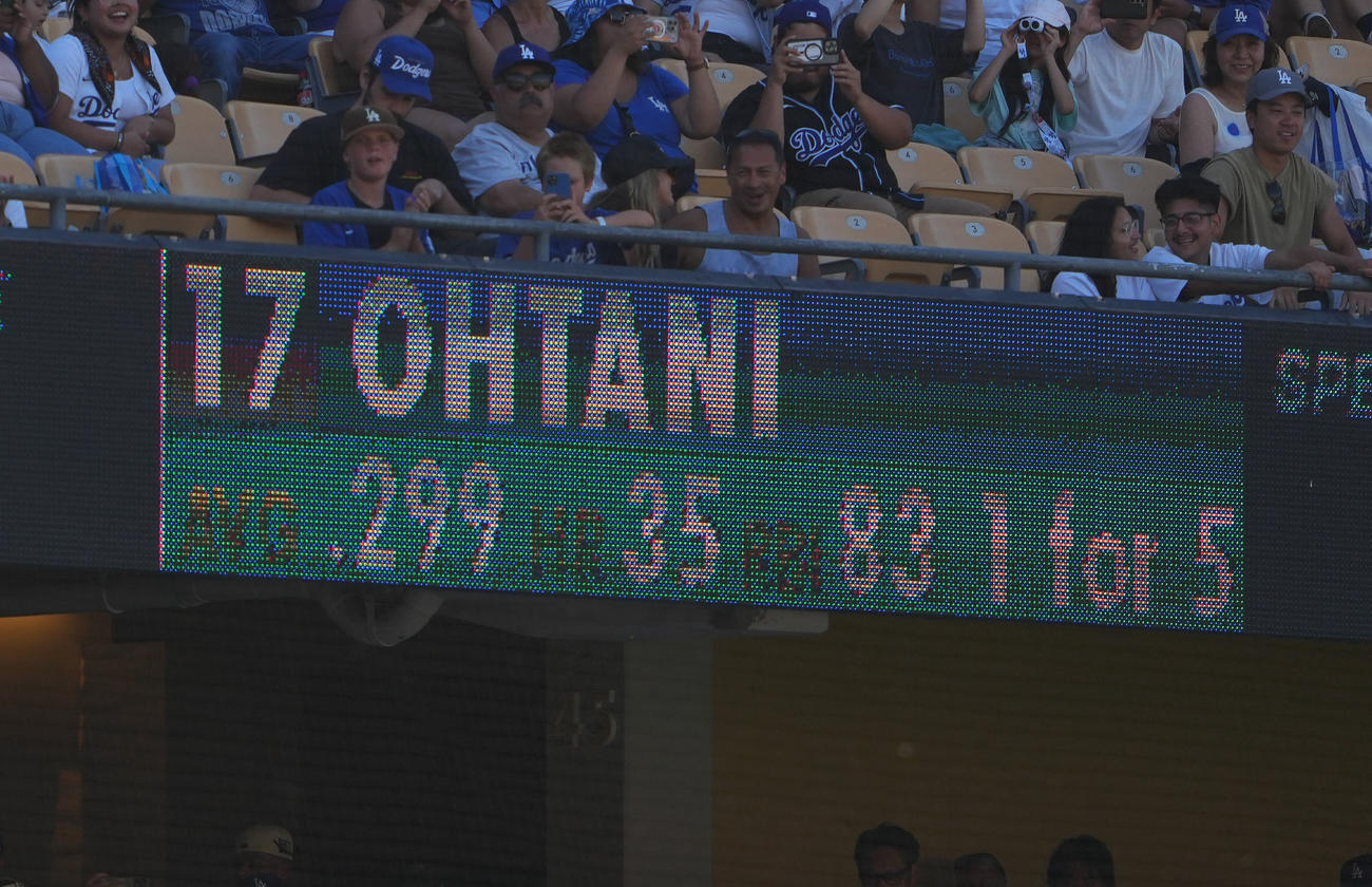 ドジャース対パイレーツ　10回裏ドジャース1死一、二塁、大谷の打率は．299が表示される（撮影・横山健太）